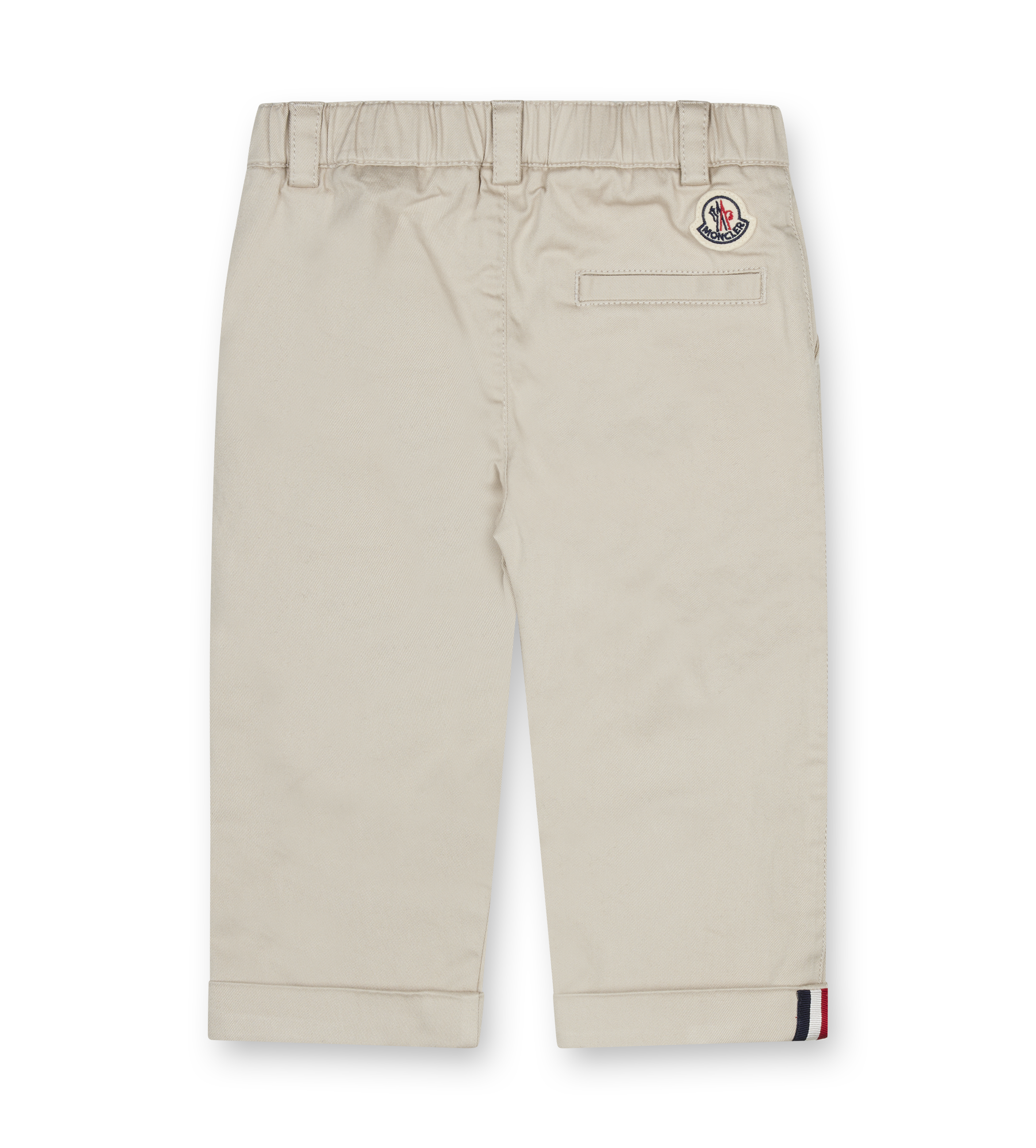 Beige pants with a brand logo on a white background