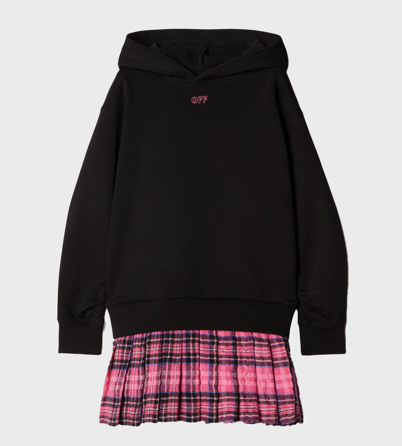 Pleated Checked Hooded Dress Black