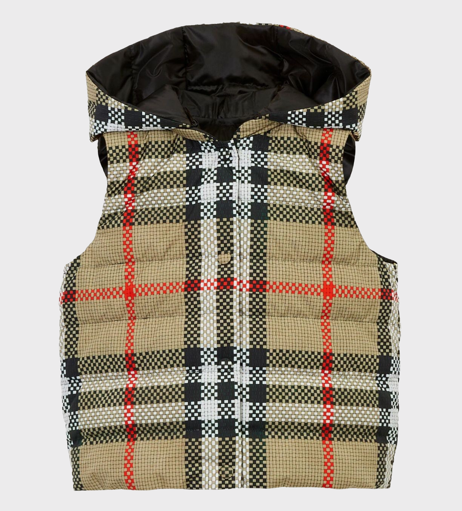 Reversible Check Hooded Puffer Gilet Beige