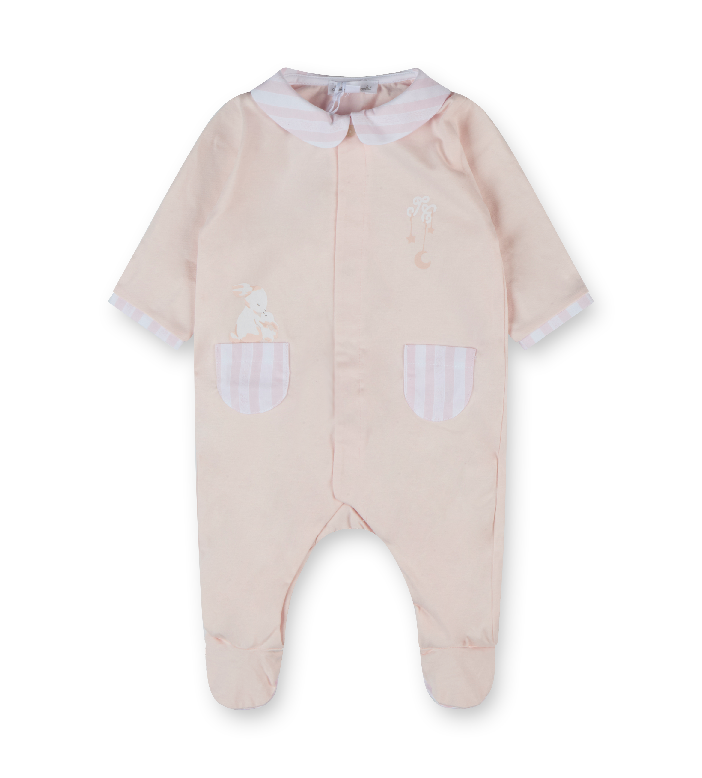 A pale pink long-sleeved baby pyjama with white collar and details, and footie design.