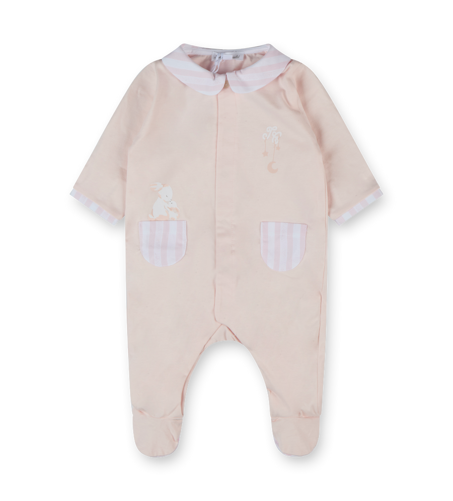 A pale pink long-sleeved baby pyjama with white collar and details, and footie design.