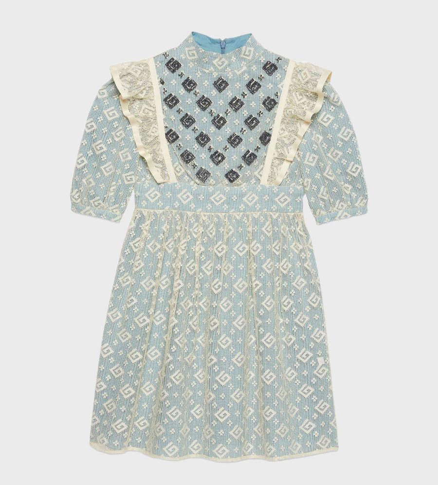 Bead-Embellished Embroidered Dress Ivory