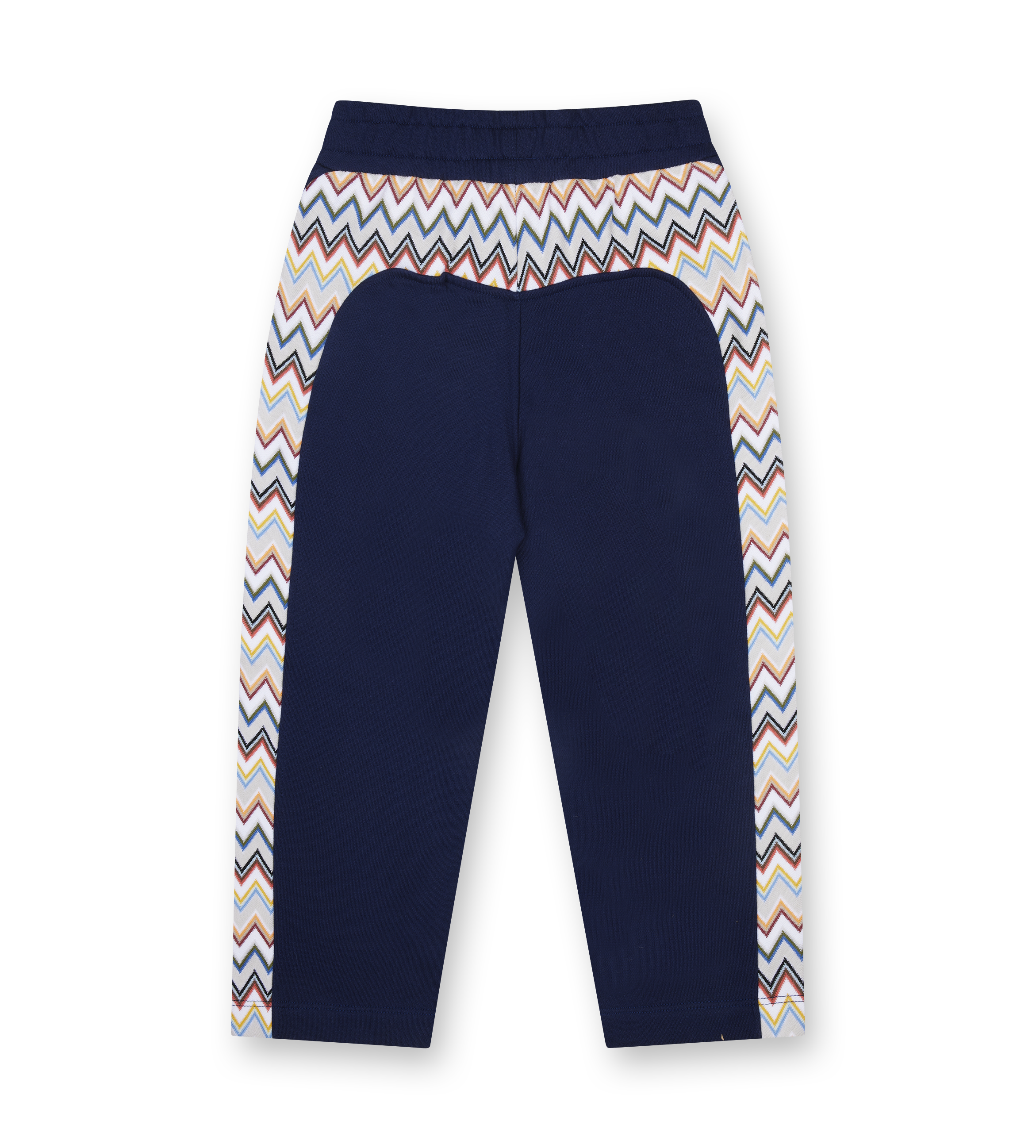 Navy blue pants with multicolored zigzag pattern on a white background
