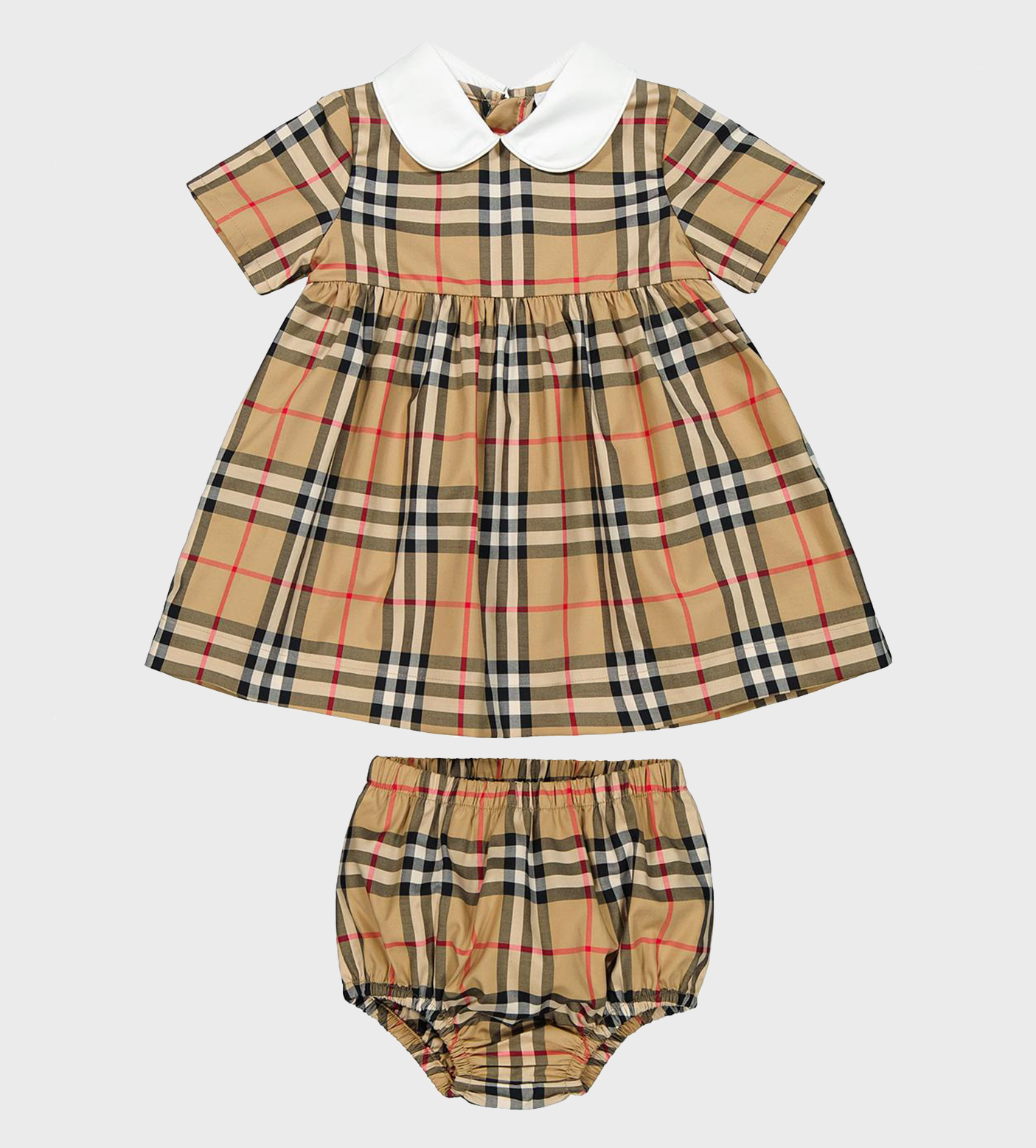 Check-Pattern Cotton Dress Beige