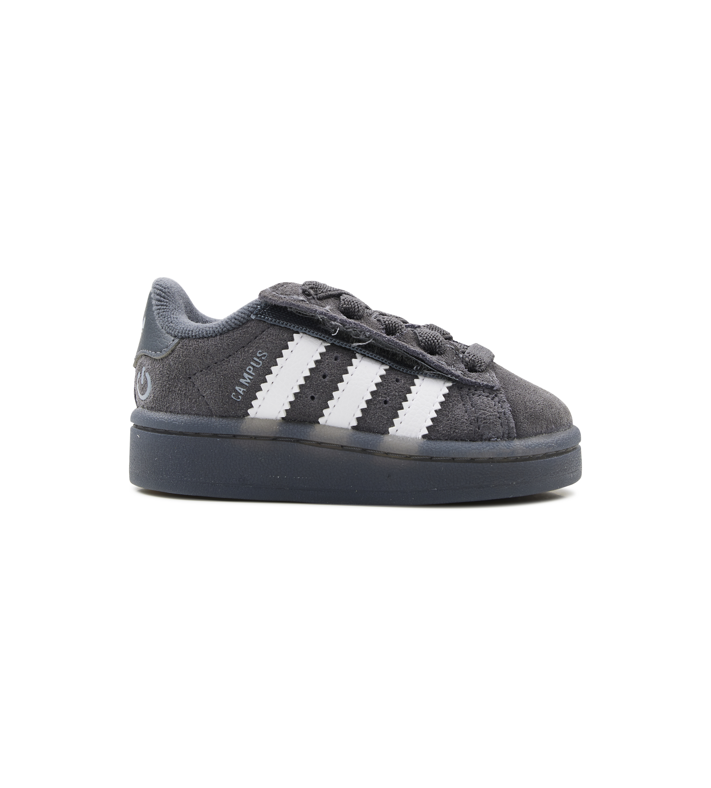 Gray Adidas sneaker with white stripes on a white background