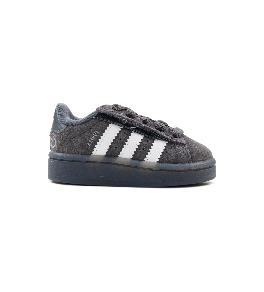 Gray Adidas sneaker with white stripes on a white background