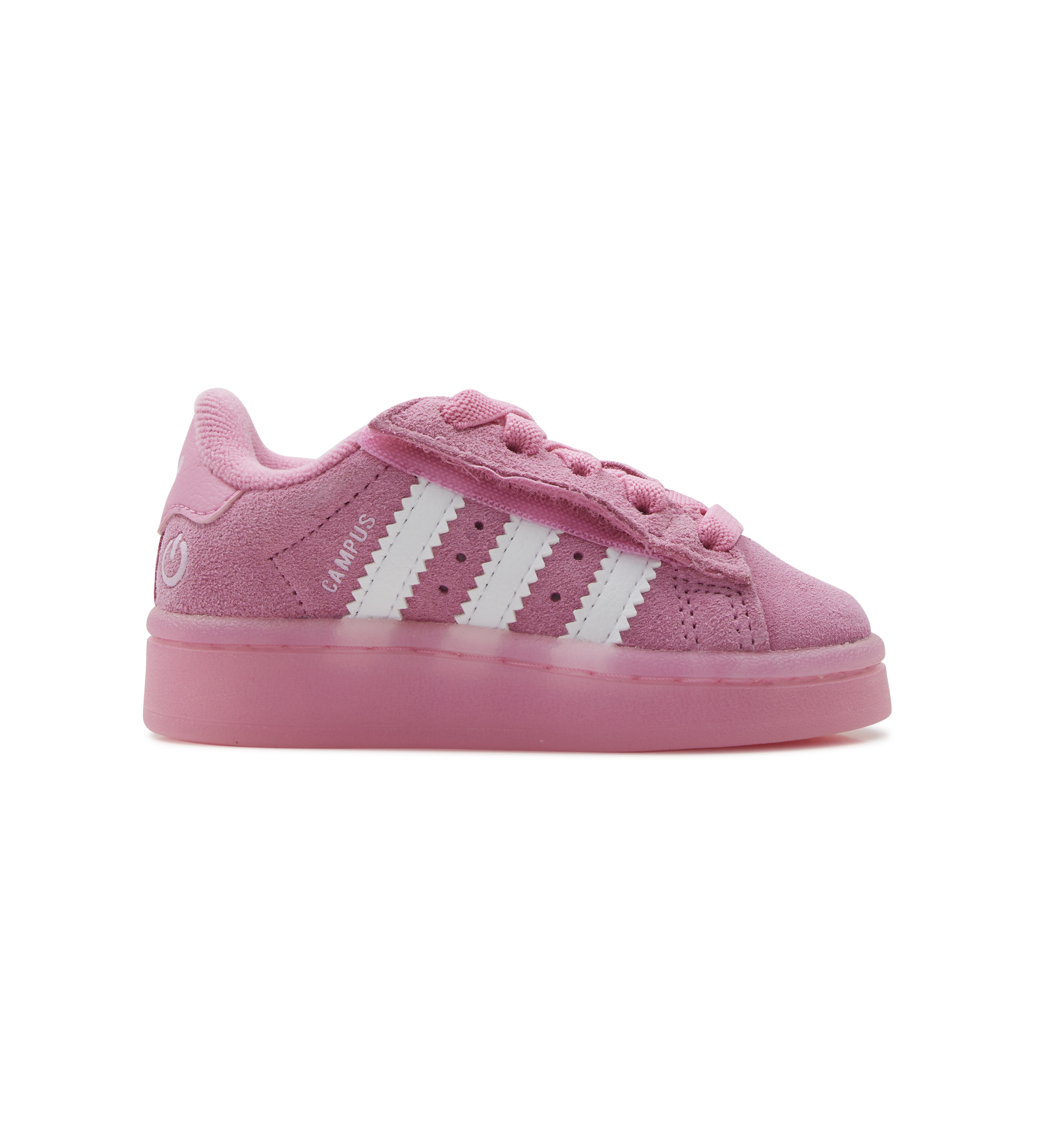 Pink Adidas sneaker with white stripes on a white background