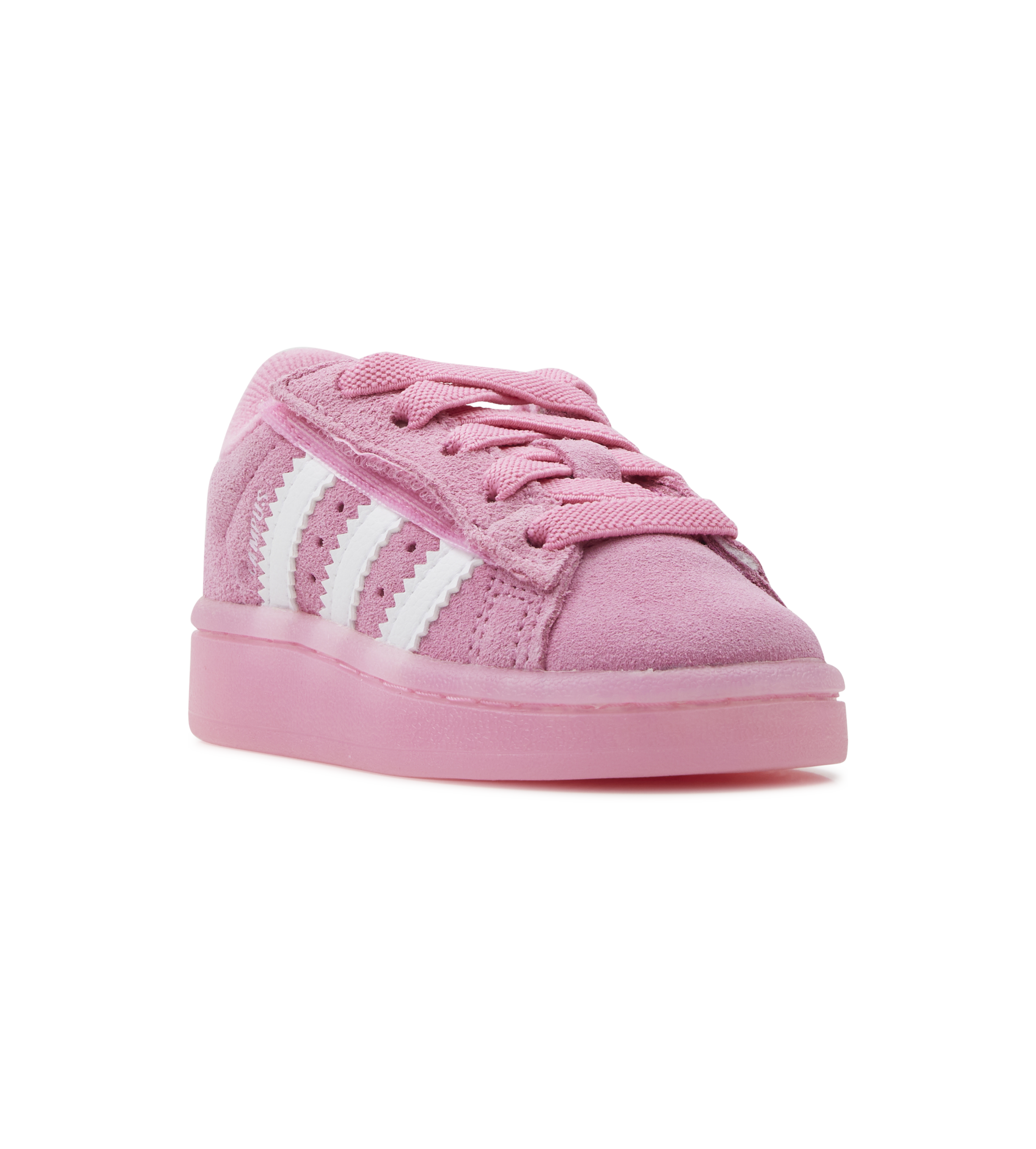 Pink Adidas sneaker with white stripes on a white background