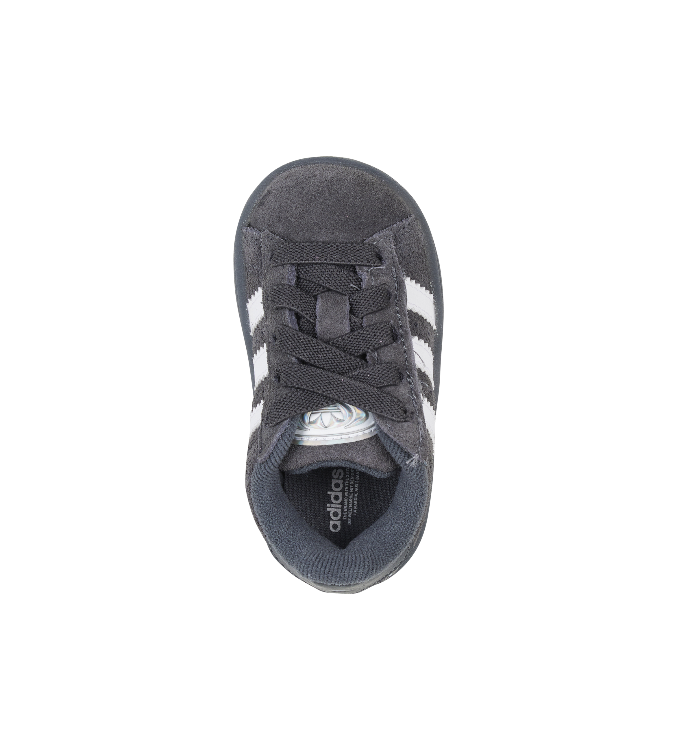 Gray Adidas sneaker with white stripes on a white background