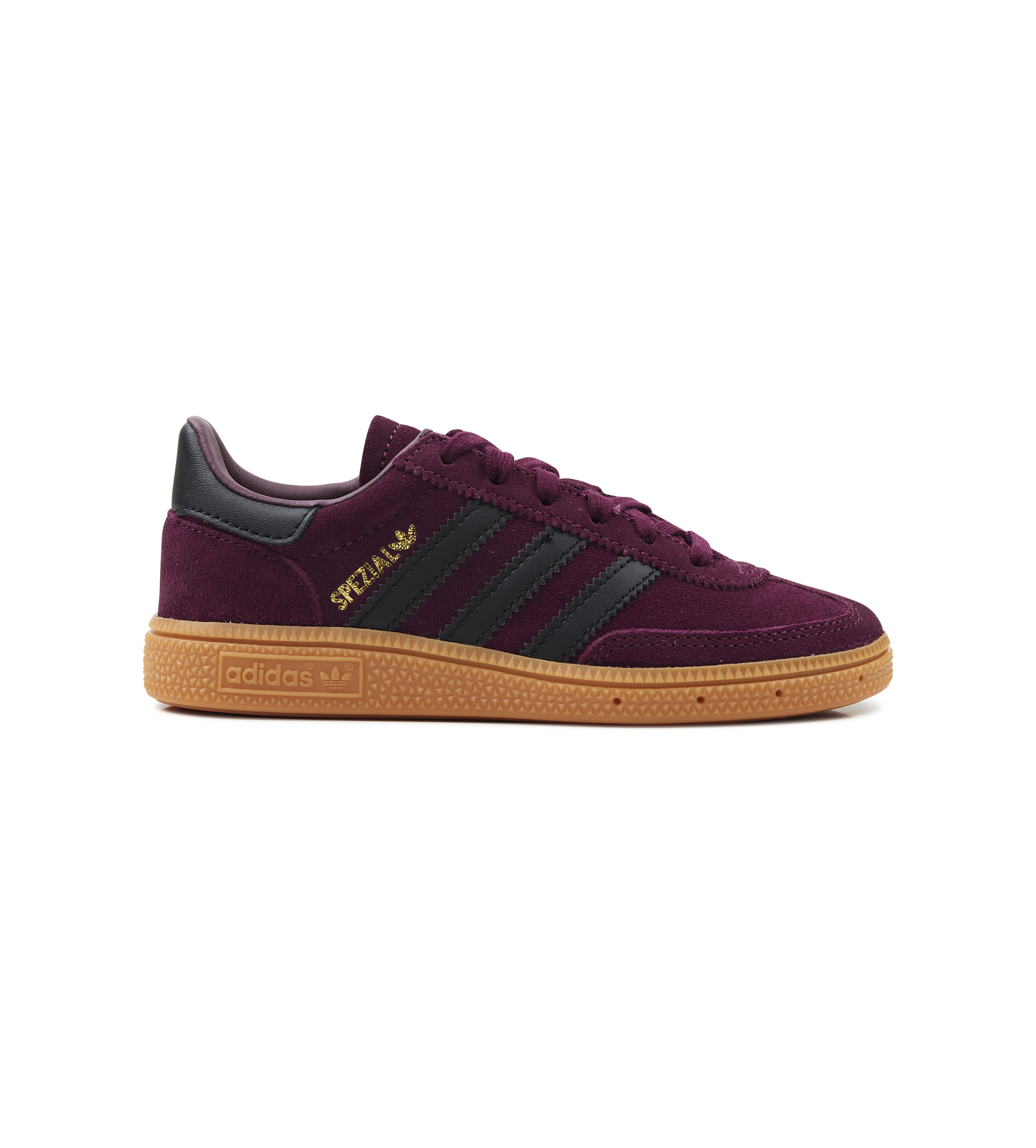 Maroon Adidas sneaker with black stripes on a white background