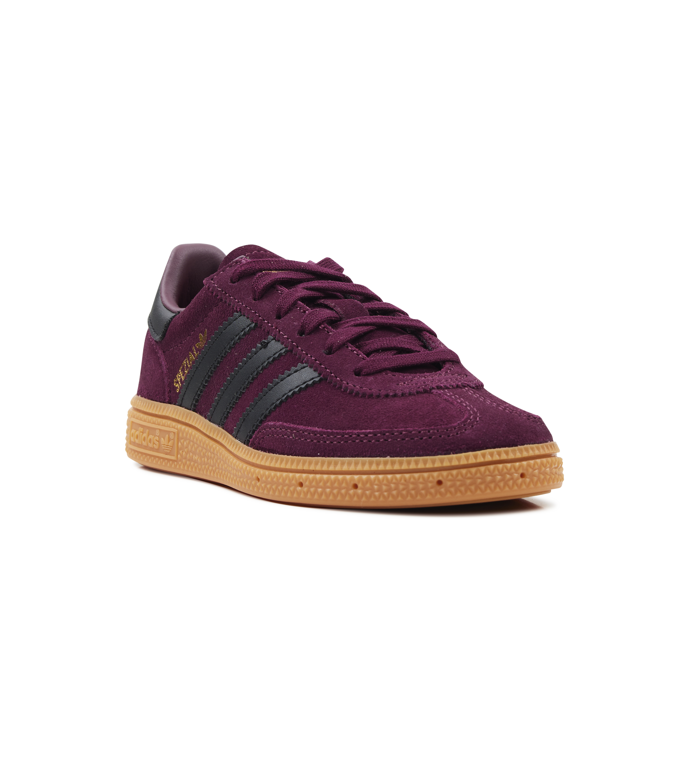 Maroon sneaker with brown sole on a white background