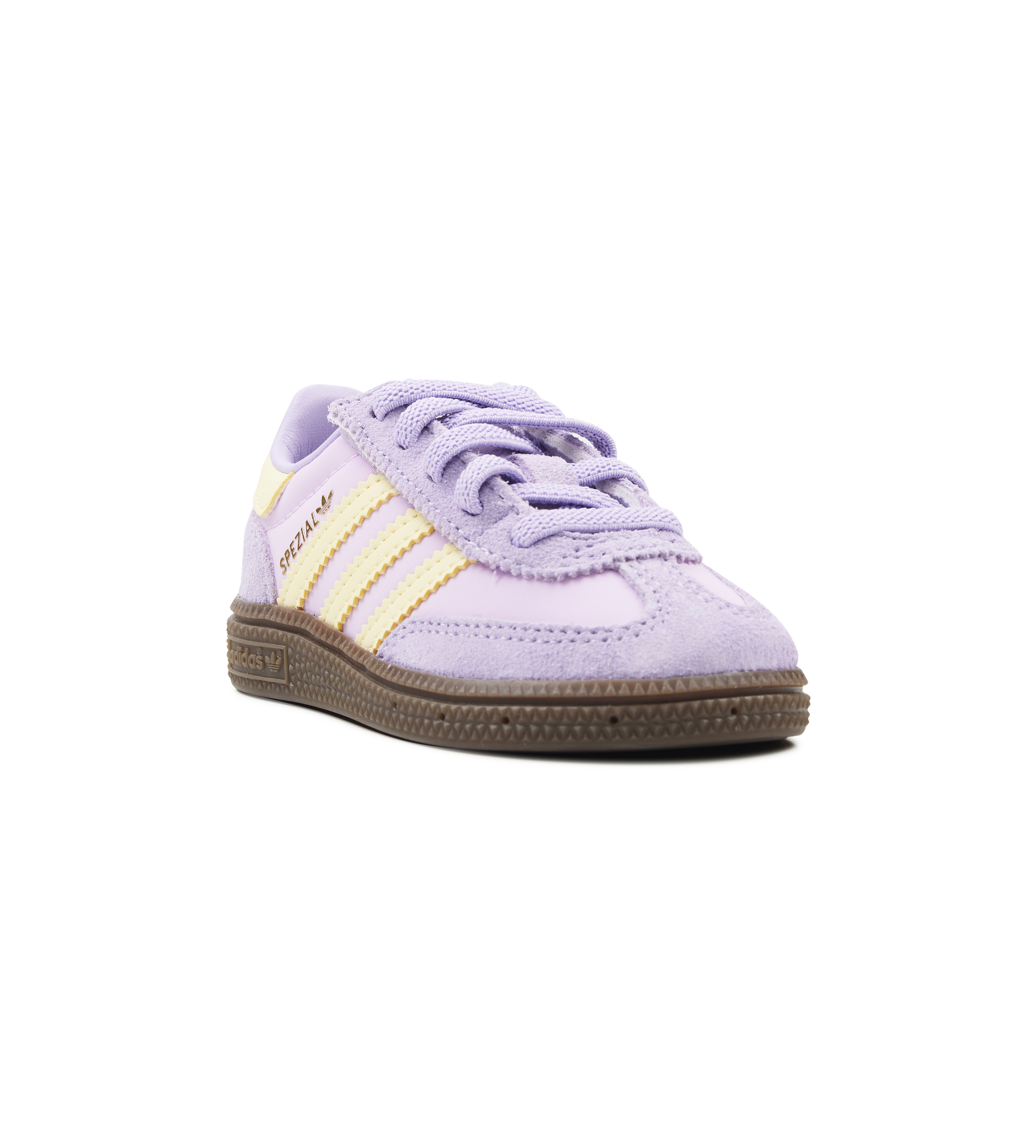 Purple and yellow baby shoe on a white background