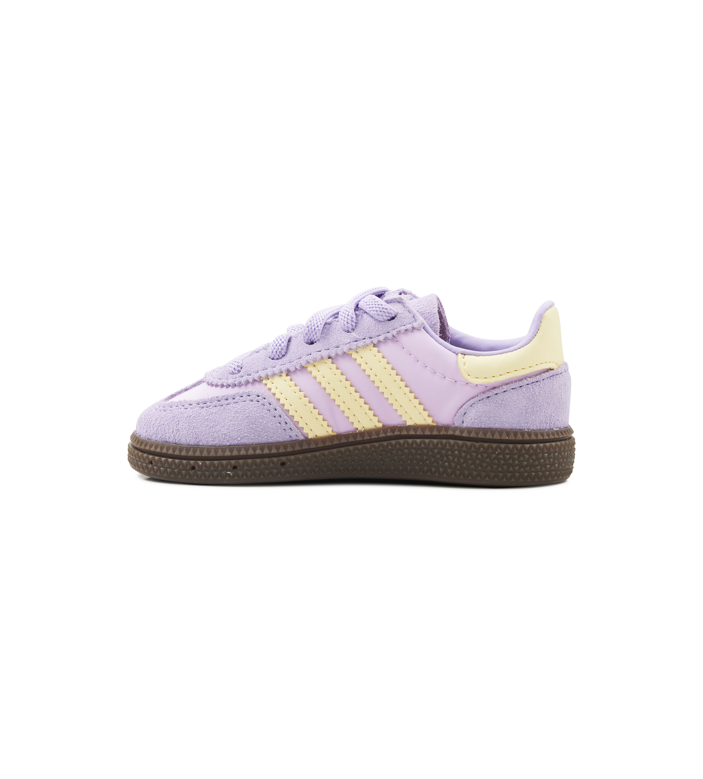 Lavender sneaker with yellow stripes on a white background