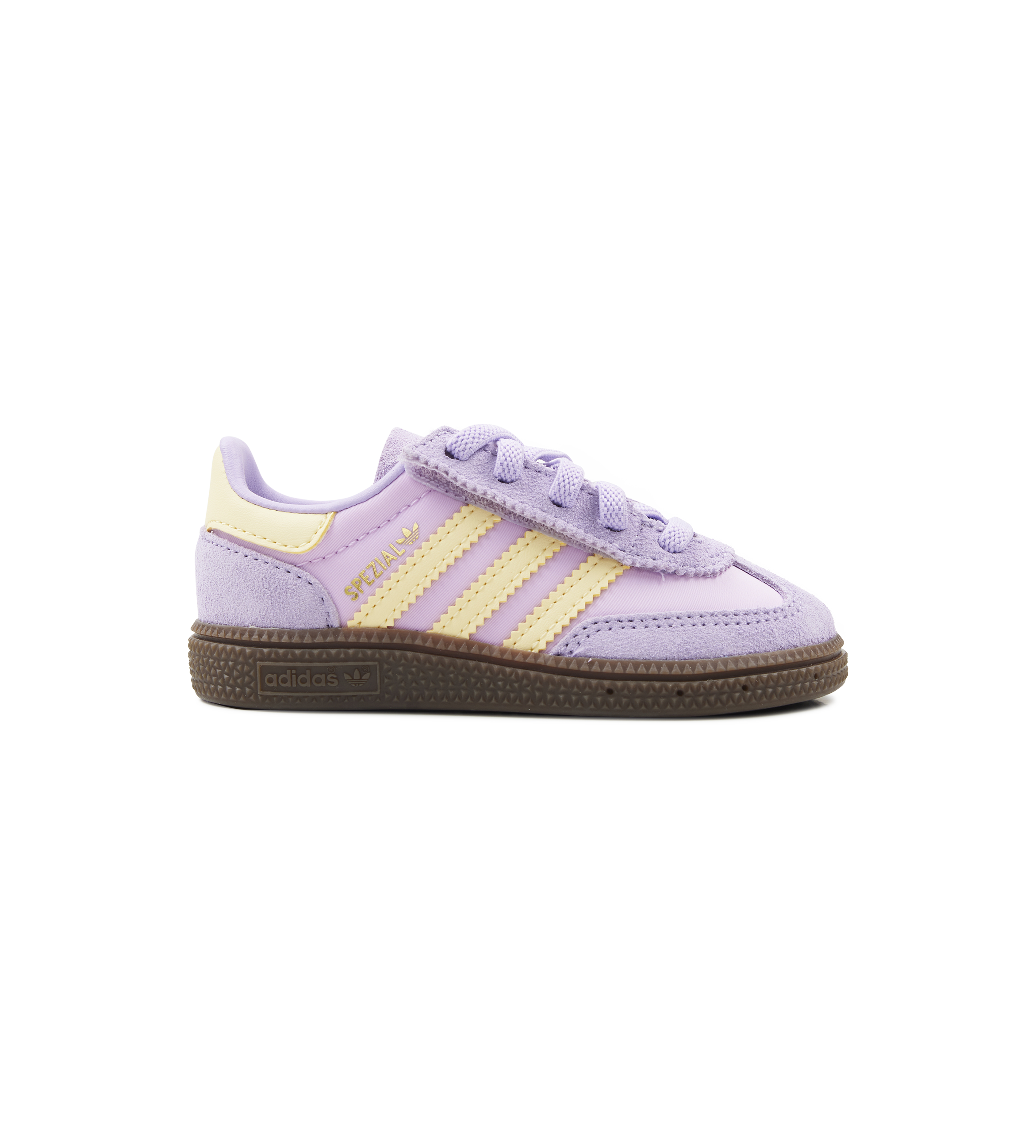 Purple and yellow Adidas sneaker on a white background