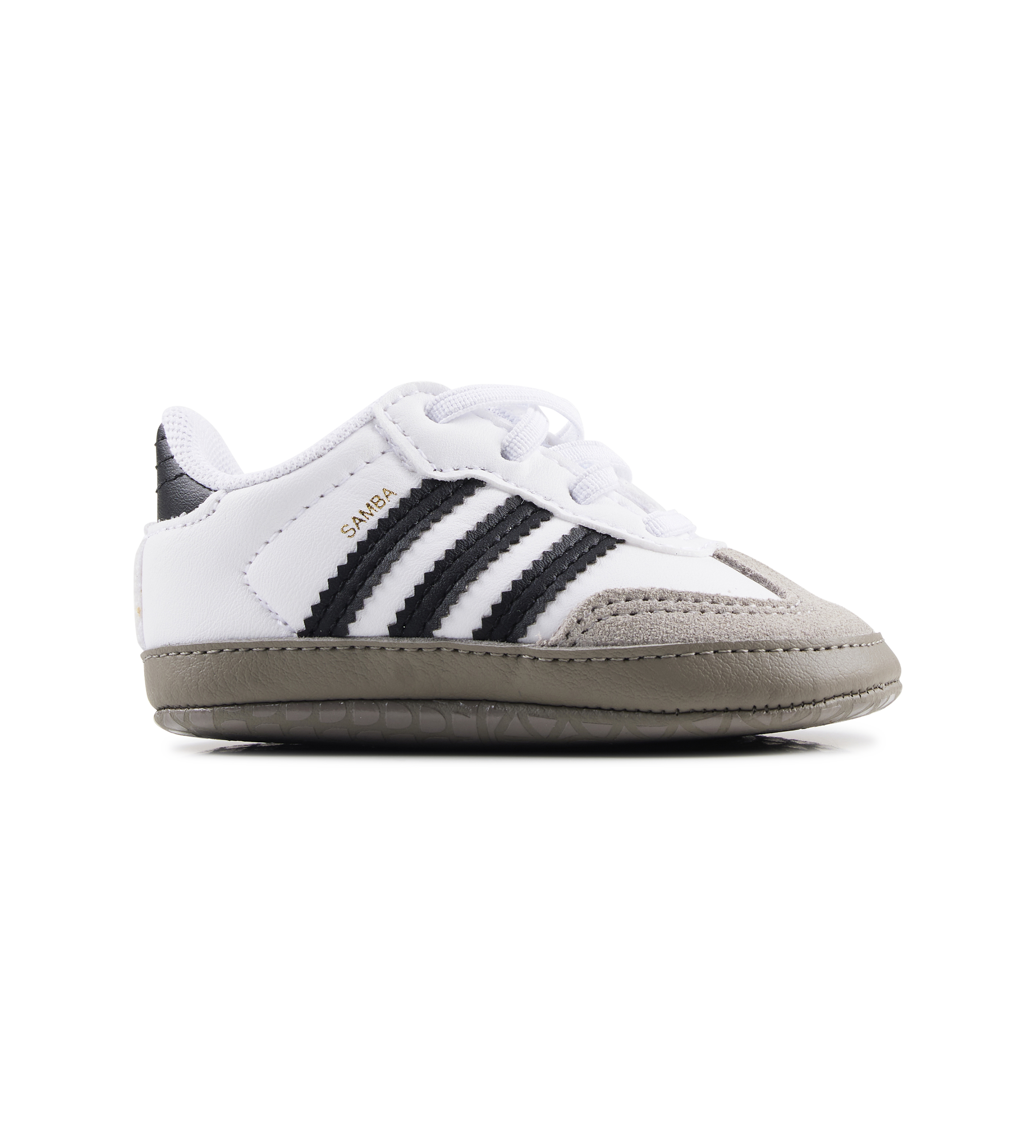 White baby shoe with black stripes on a white background