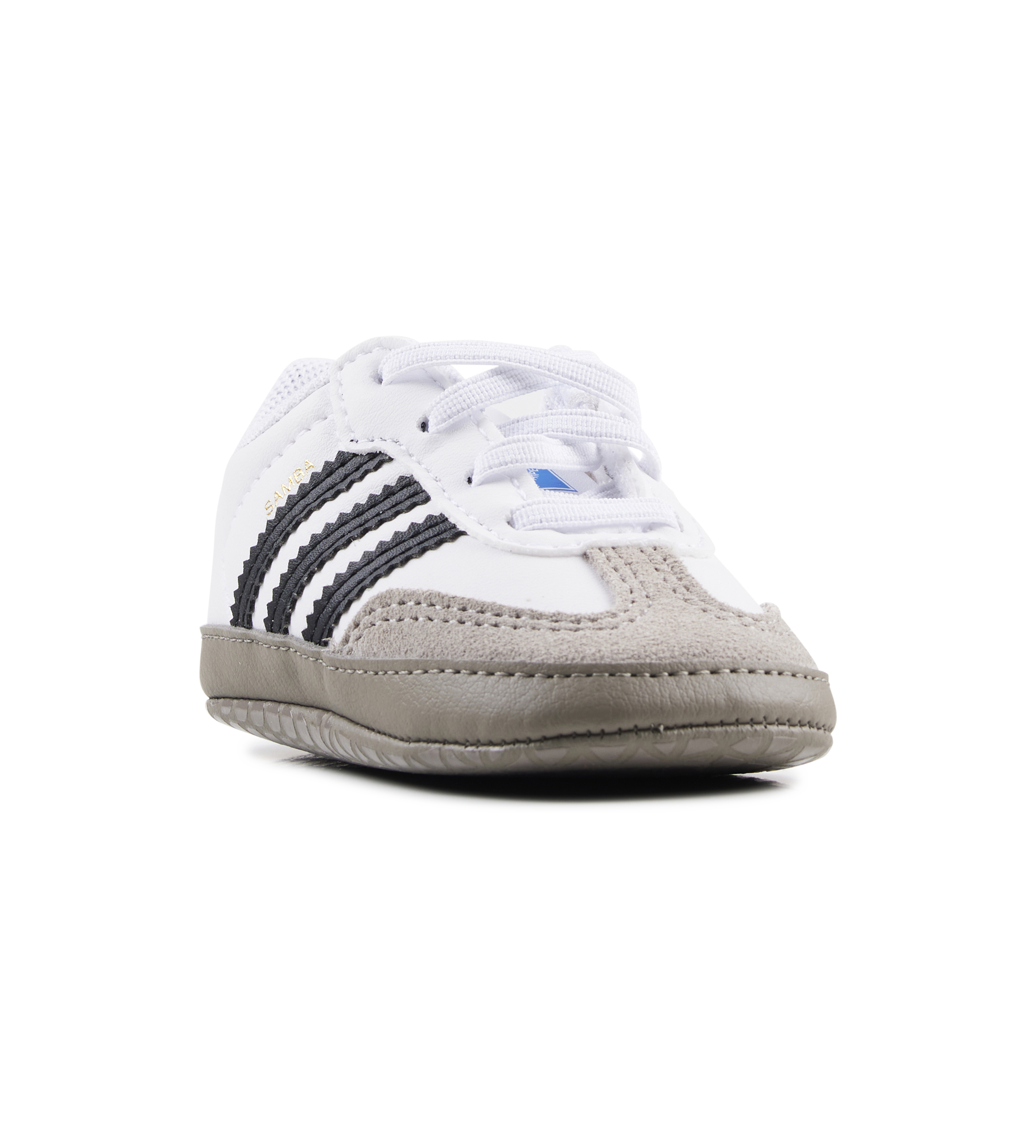 White baby shoe with black stripes on a white background