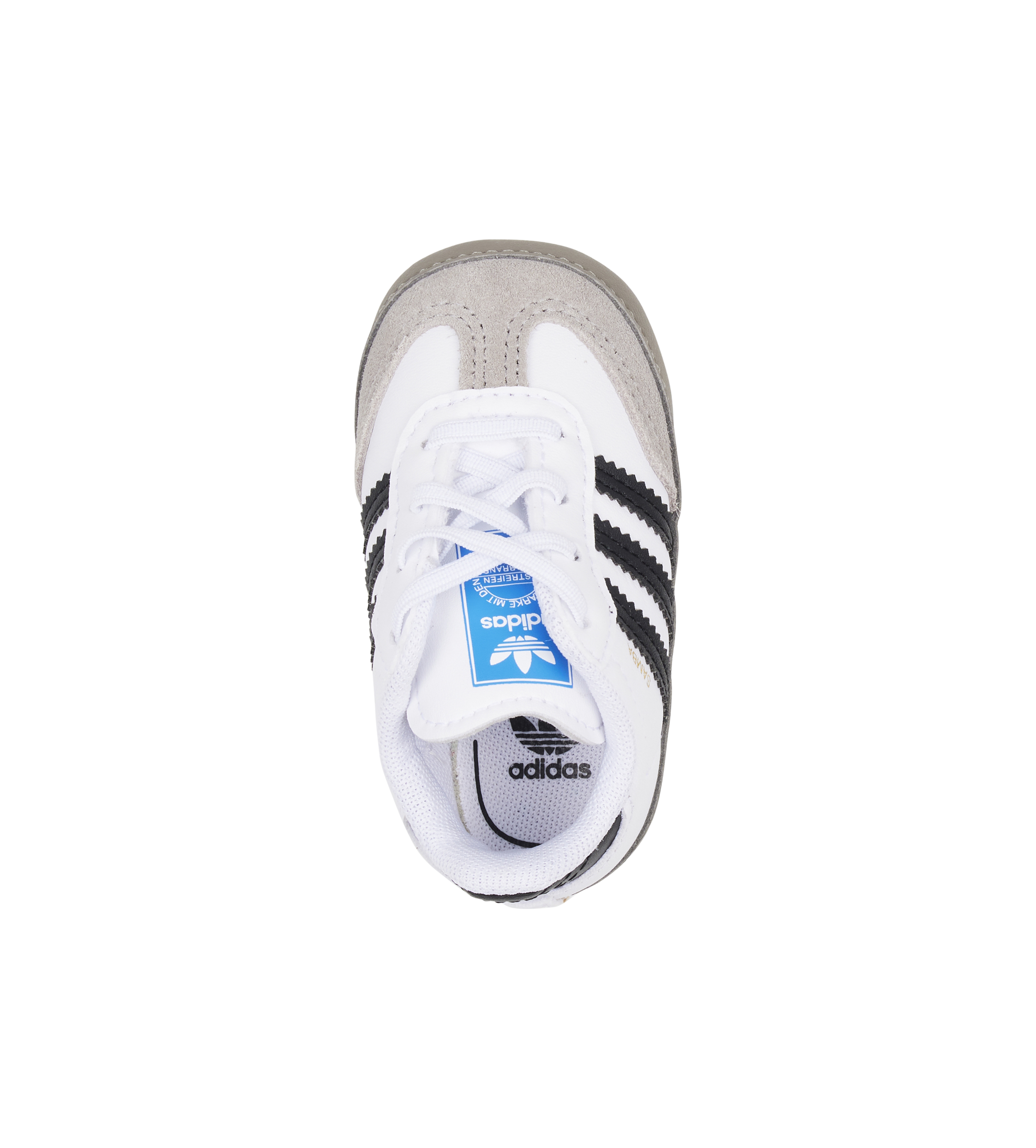 White Adidas sneaker with black stripes on a white background
