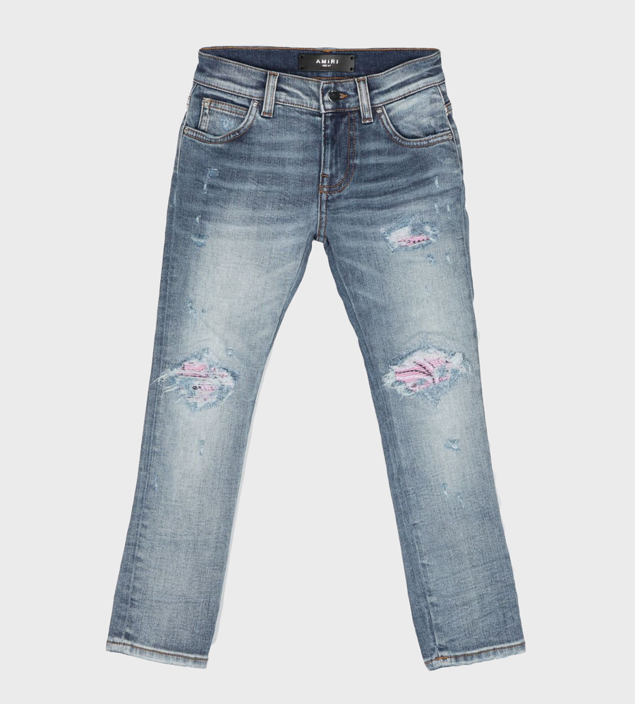 Logo-Patch Distressed-Effect Jeans Blue