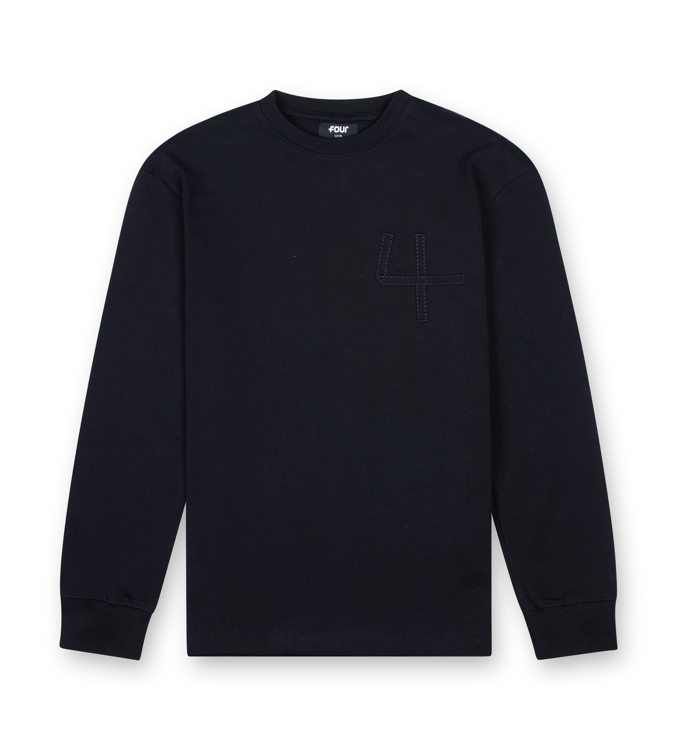 Black long-sleeve shirt with a small logo on a white background