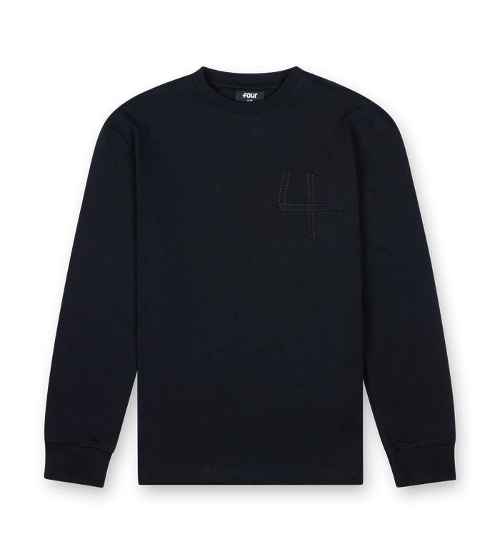 Black long-sleeve shirt with a small logo on a white background