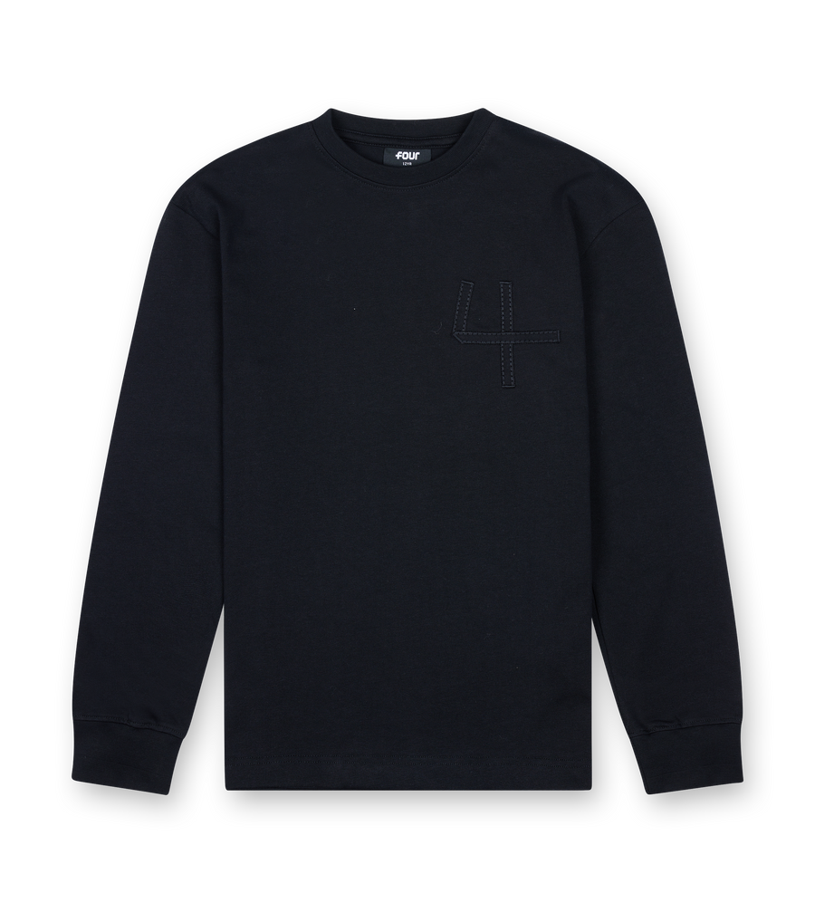 Black long-sleeve shirt with a small logo on a white background