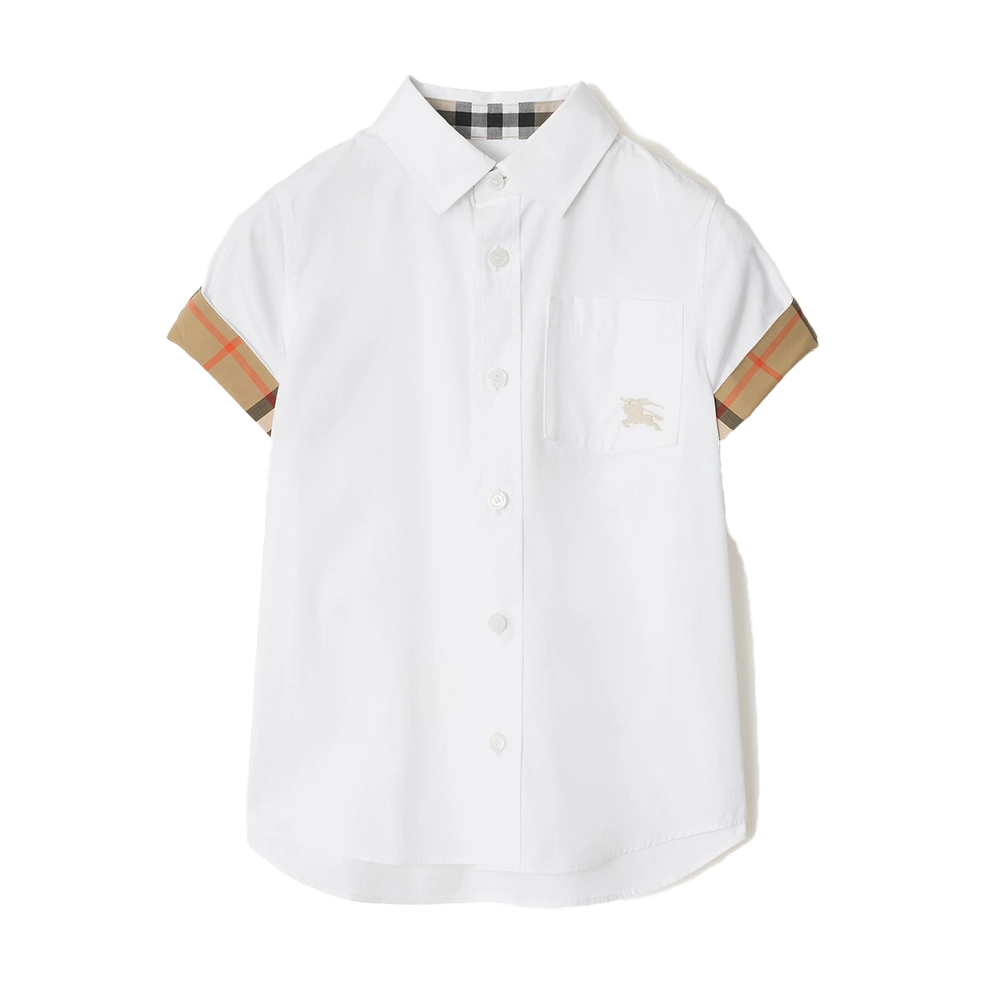 Burberry Check Trim Cotton Poplin Shirt in White & Beige (Kids)