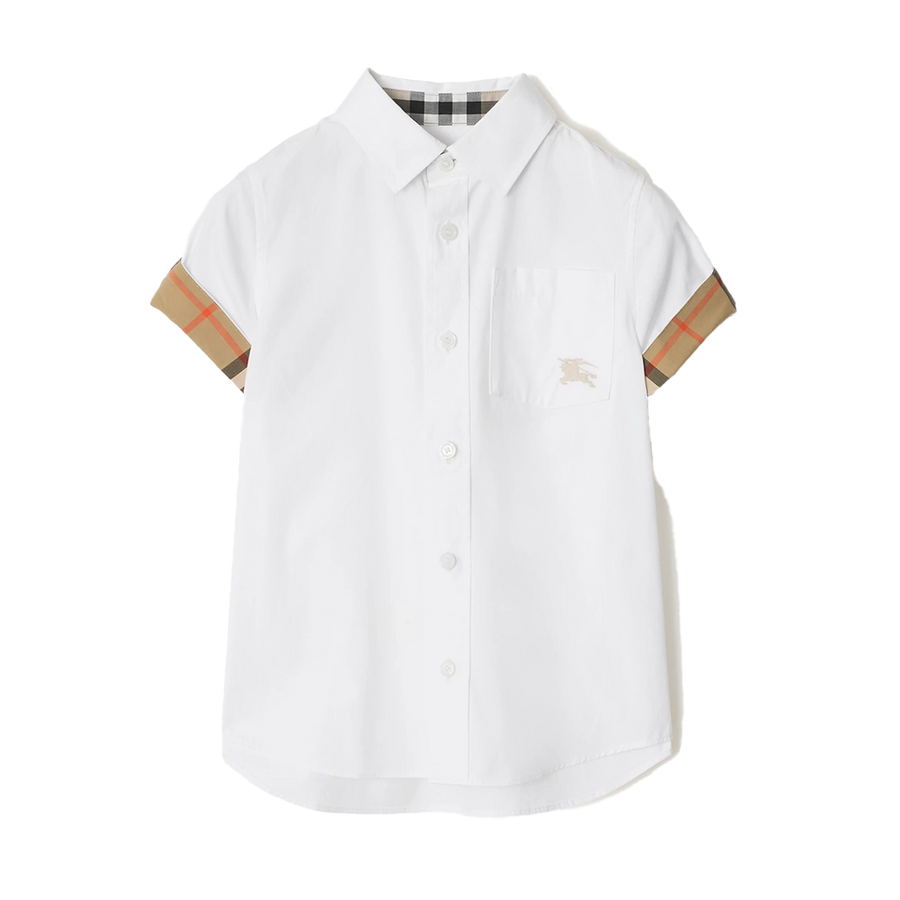 Burberry Check Trim Cotton Poplin Shirt in White & Beige (Kids)