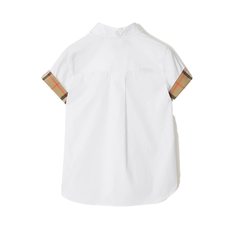 Burberry Check Trim Cotton Poplin Shirt in White & Beige (Kids)