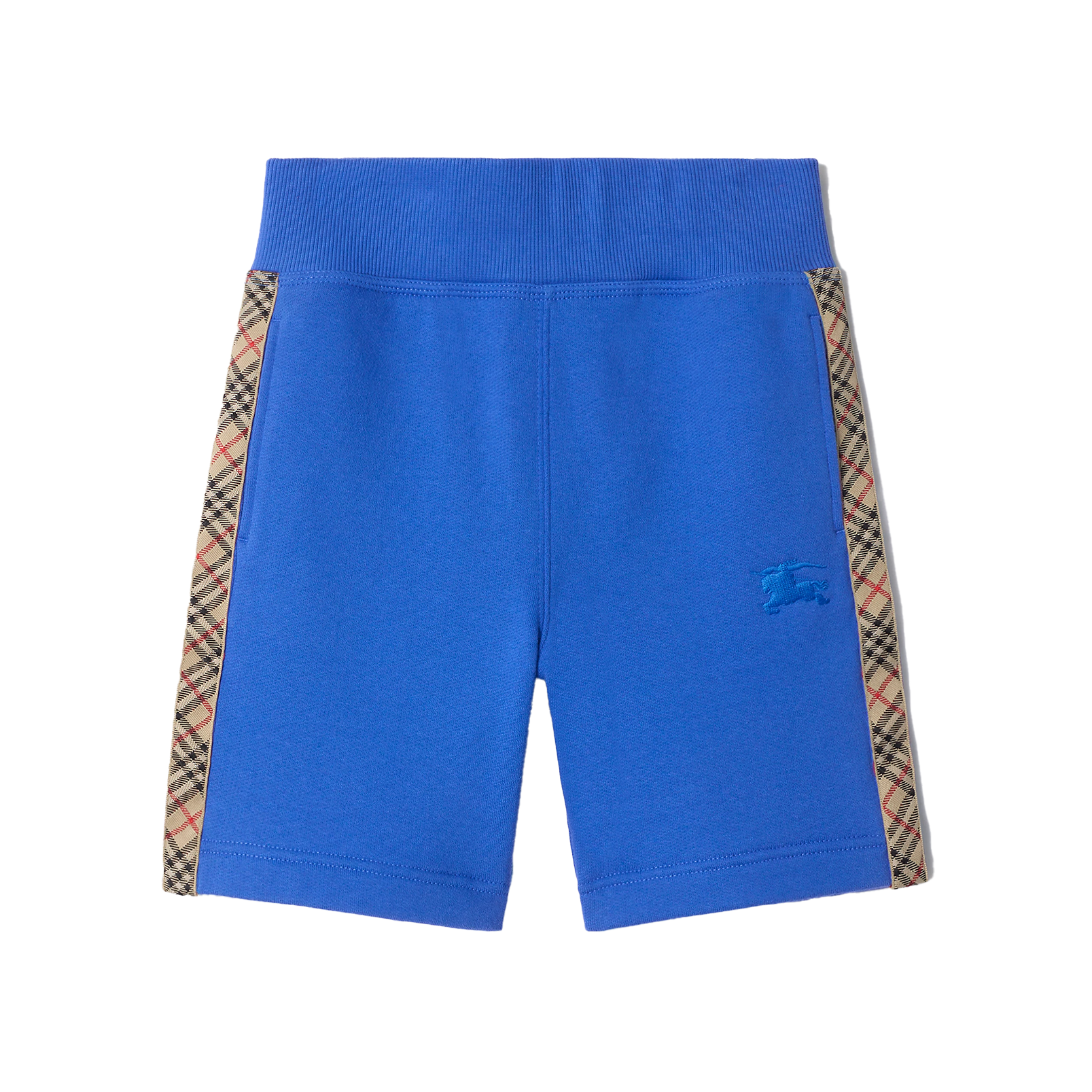 Blue shorts with plaid side panels on a white background