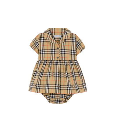 Baby Geruite Katoenen Jurk Met Luierbroek Zandbeige