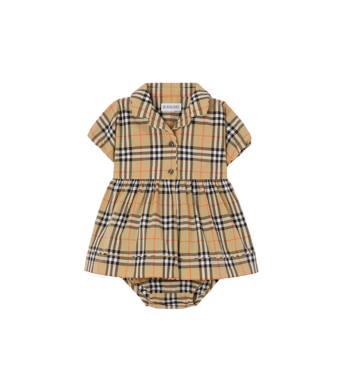 Baby Geruite Katoenen Jurk Met Luierbroek Zandbeige