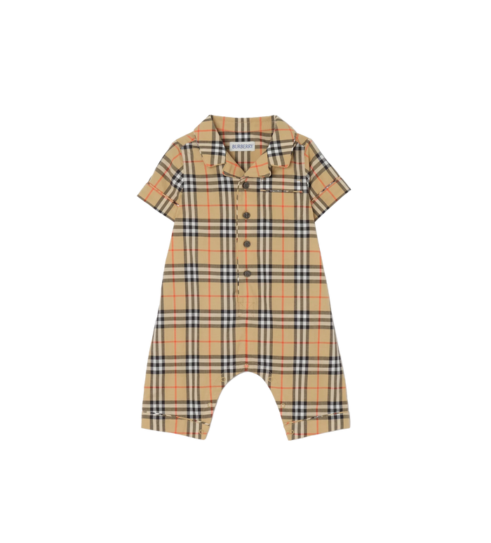 Baby Check Cotton Playsuit Sand Beige