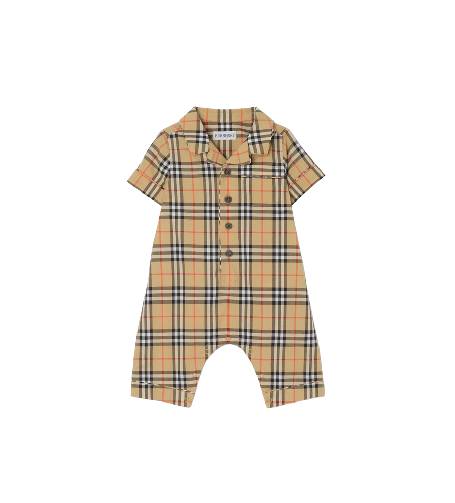 Baby Check Cotton Playsuit Sand Beige