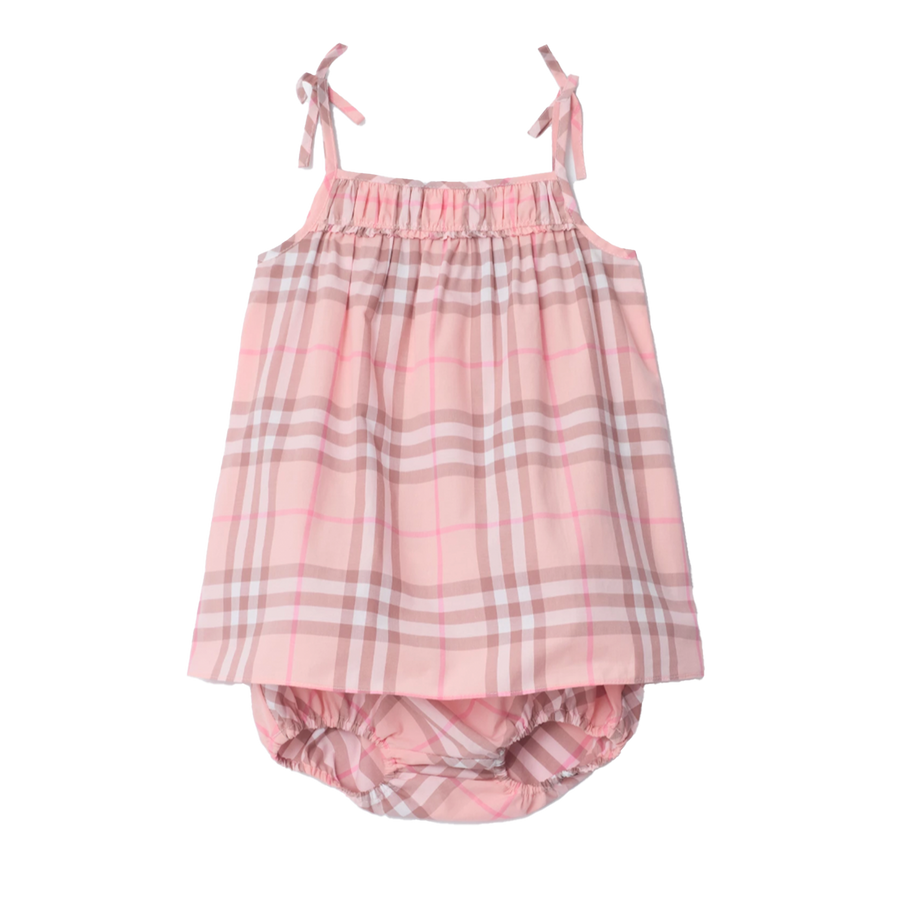 pink baby burberry romper and bloomers set 
