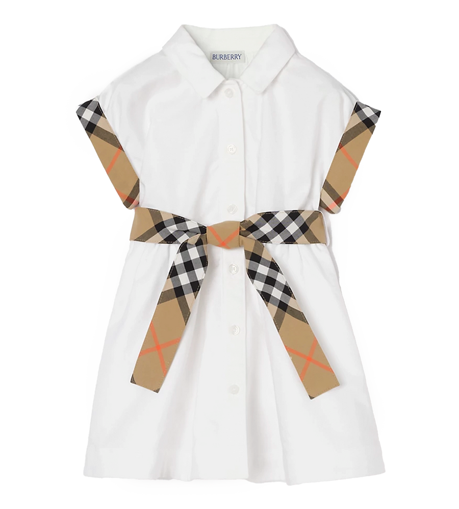 Burberry Check Trim Cotton Shirt Dress in White (Kids)