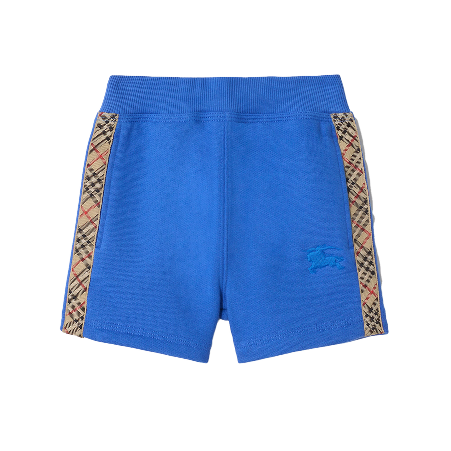 Blue shorts with plaid side panels on a white background