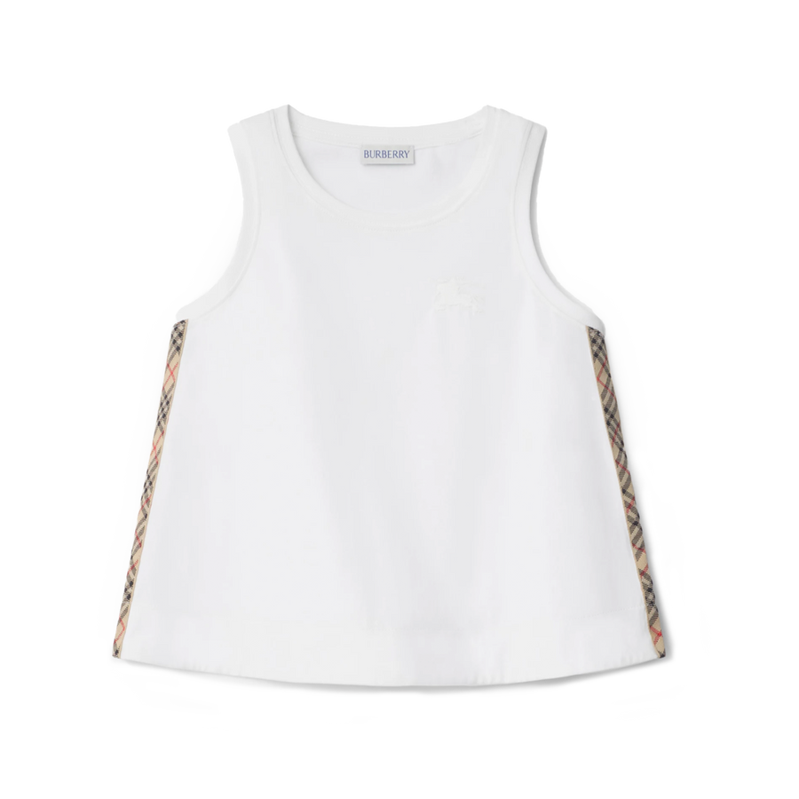 Burberry Check Trim Cotton Top in White (Kids)