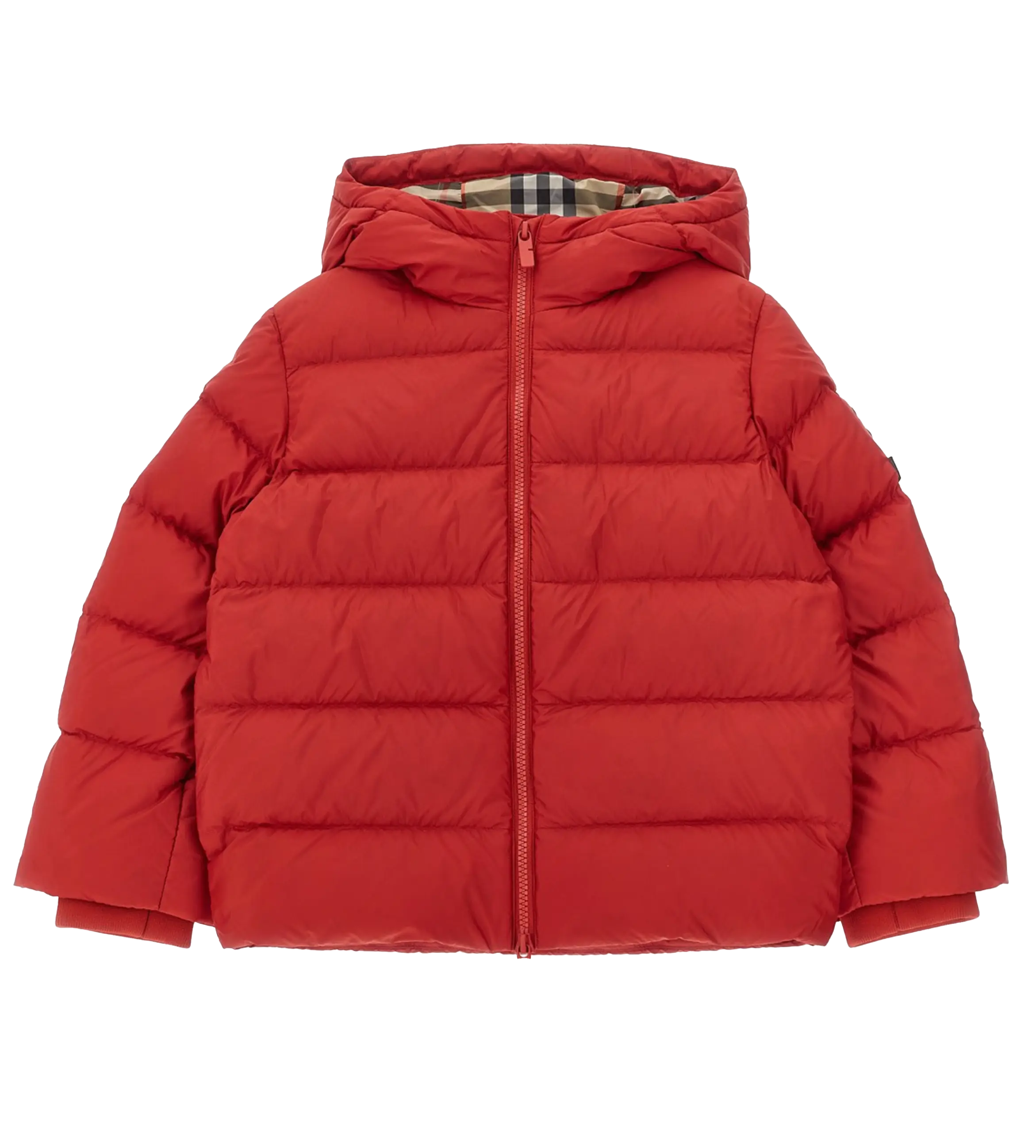 Red puffer jacket with a hood on a white background