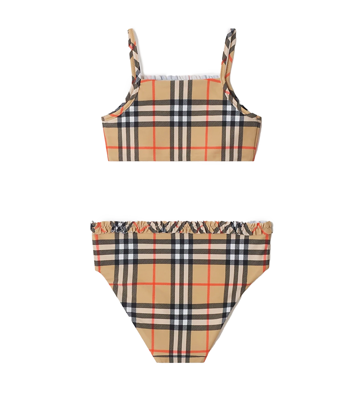 Kids Geruite bikini met ruches en afwerking in zandbeige