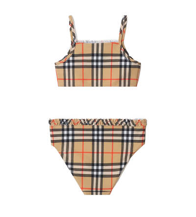 Kids Geruite bikini met ruches en afwerking in zandbeige