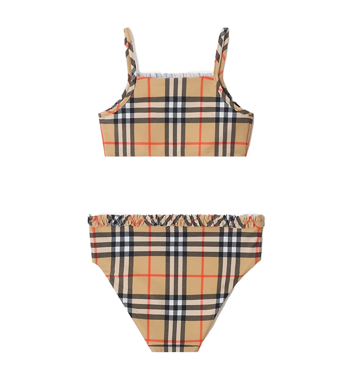 Kids Ruffle Trim Check Bikini in Sand Beige