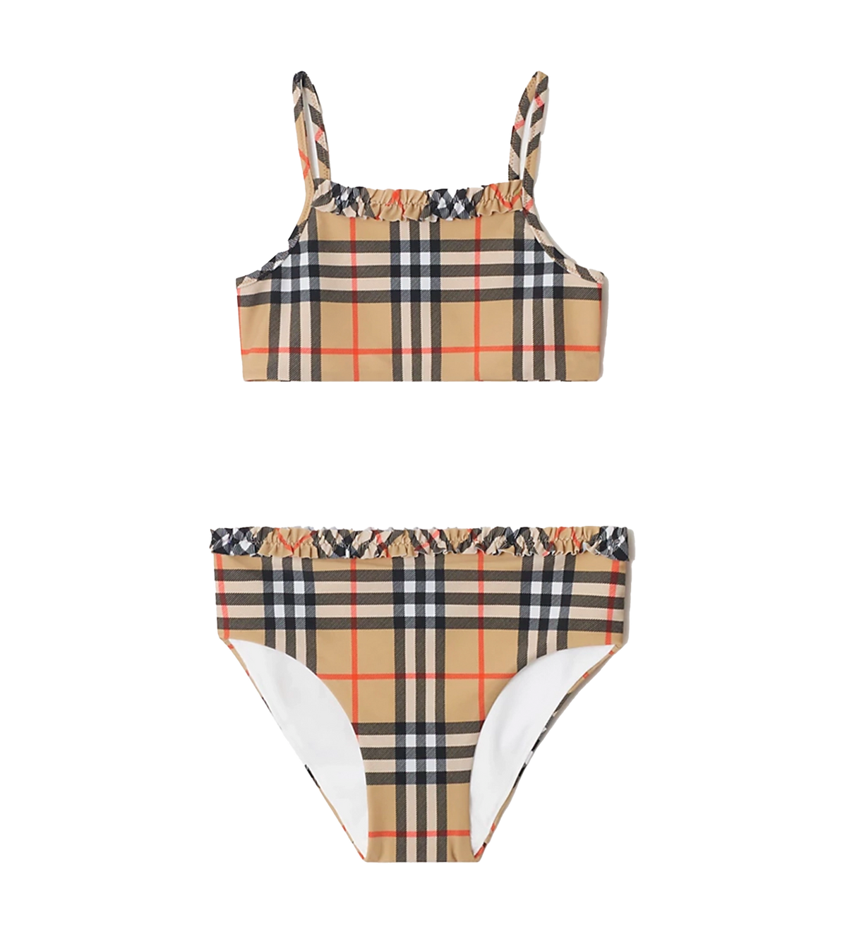 Kids Geruite bikini met ruches en afwerking in zandbeige