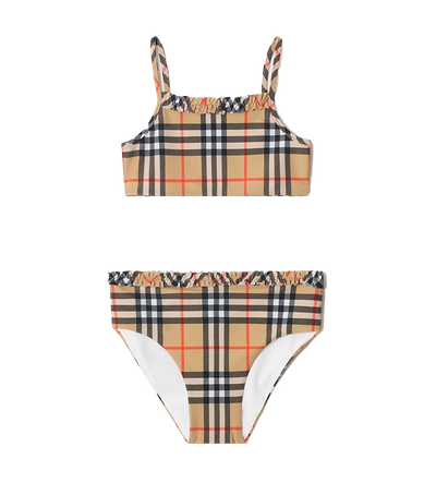 Kids Geruite bikini met ruches en afwerking in zandbeige
