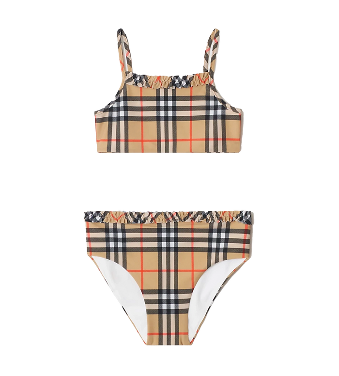 Kids Ruffle Trim Check Bikini in Sand Beige