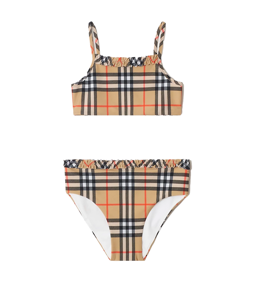 Burberry Ruffle Trim Check Bikini in Sand Beige (Kids)