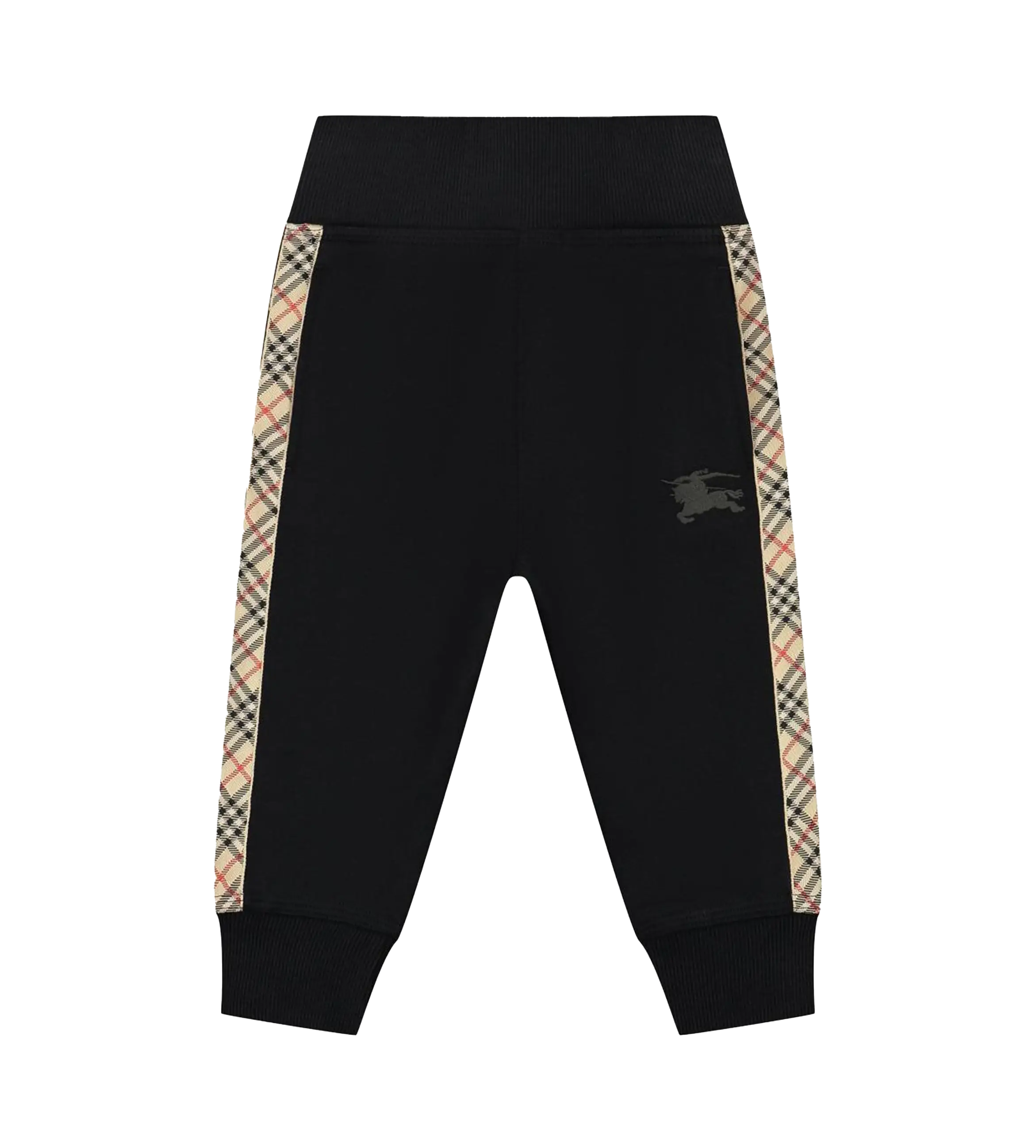 Black jogger pants with plaid side panels on a white background