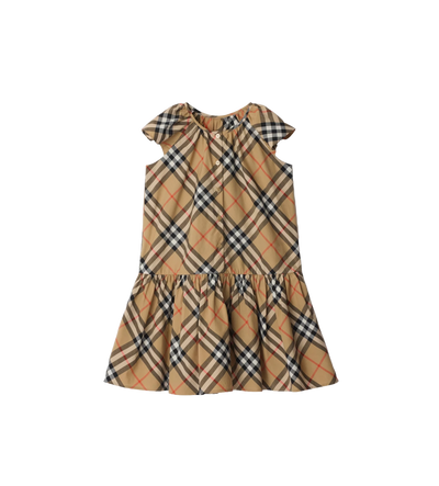Kids Check Cotton Dress Sand Beige