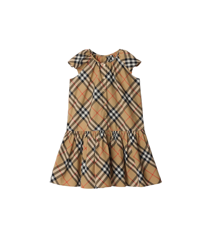 Kids Check Cotton Dress Sand Beige