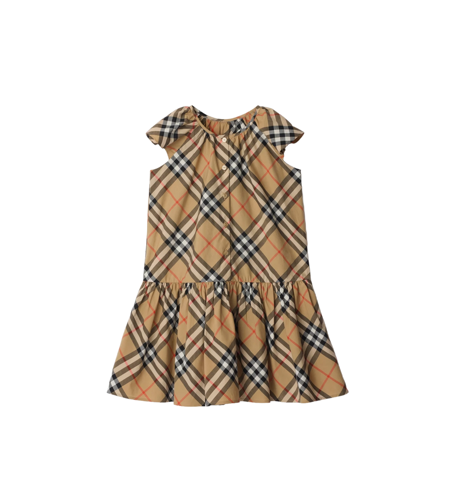 Kids Check Cotton Dress Sand Beige