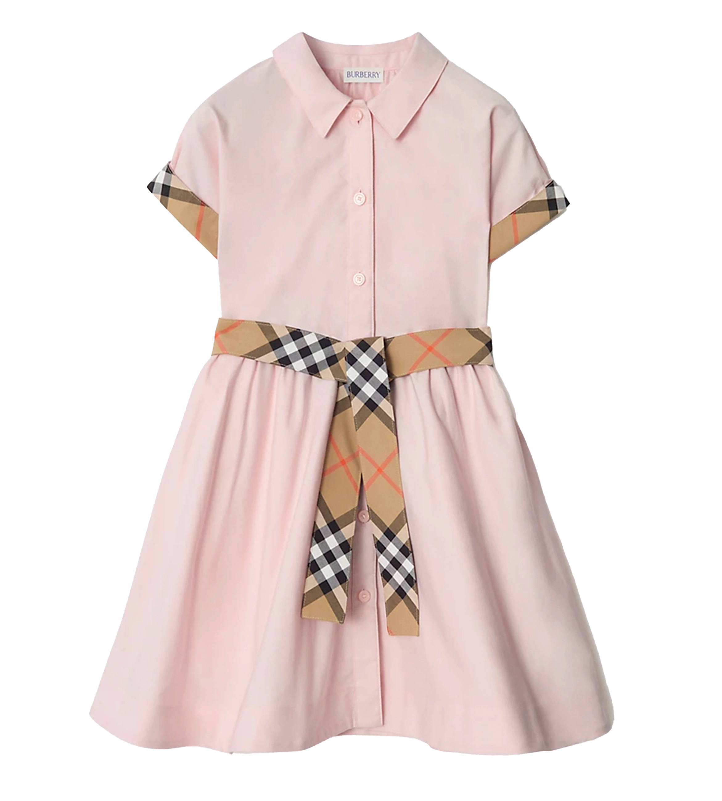 Burberry Check Trim Cotton Shirt Dress in Ice Pink (Kids)